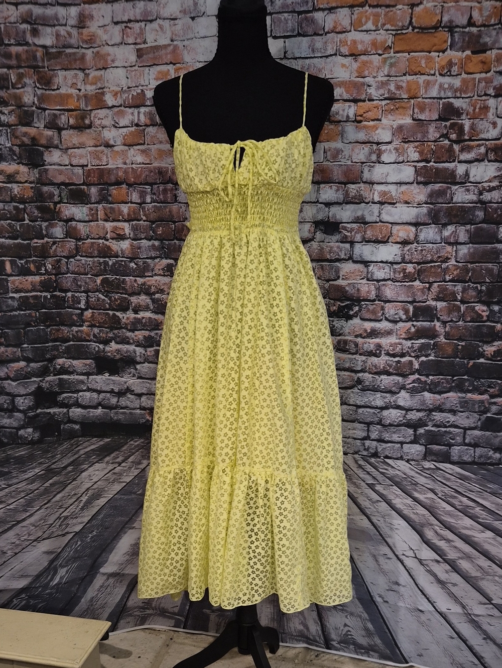 Urban Outfitters Pale Yellow Eyelet Smocked Maxi Dress